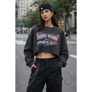 Hollister Grey Auto show Car Graphic Spellout Crop Soft Pullover Sweatshirt MED